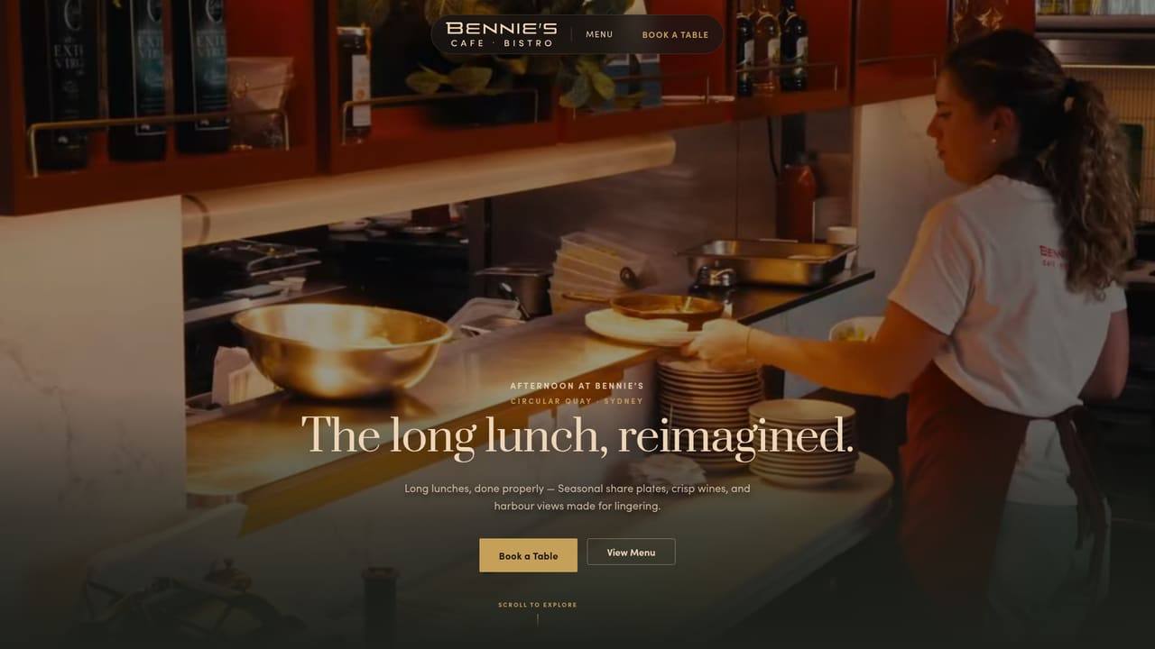 Screenshot of the Bennie's Cafe & Bistro website homepage