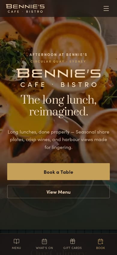 Bennie's Cafe & Bistro website on mobile