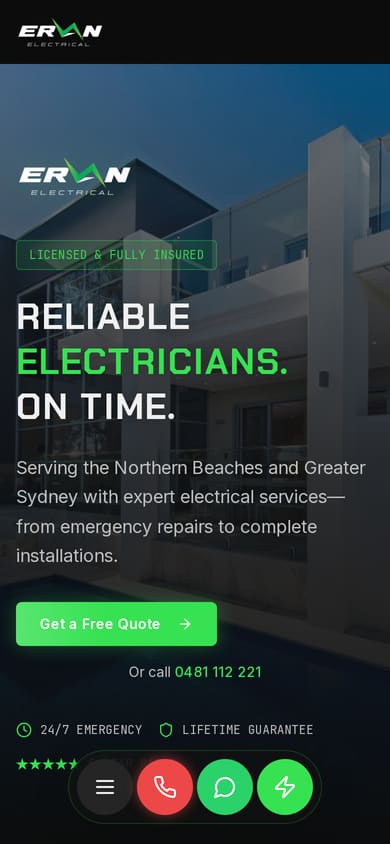 Ervan Electrical website on mobile