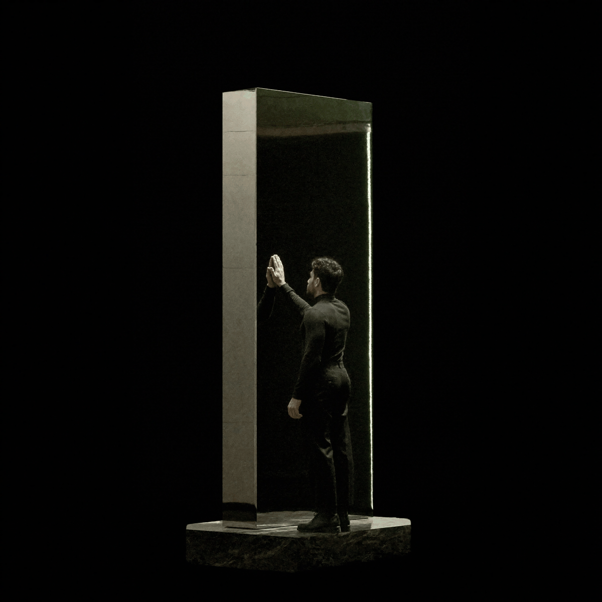 Kassem Kazal presses one palm against a tall polished chrome monolith